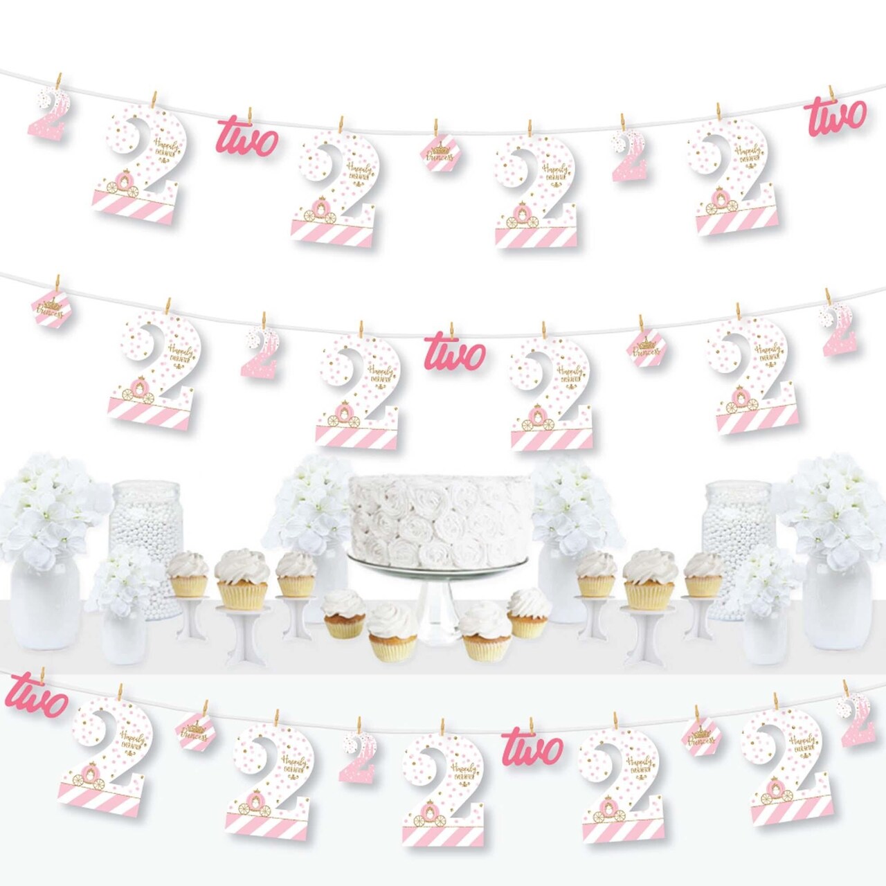 Big Dot of Happiness 2nd Birthday Little Princess Crown - Pink & Gold Princess Second Birthday Party DIY Decor - Clothespin Garland Banner - 44 Pieces